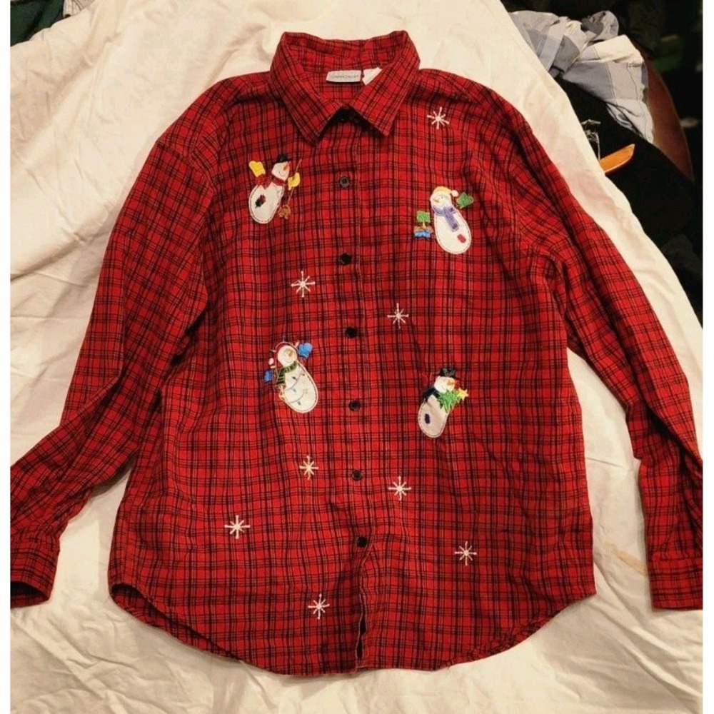 Vtg Snowman 100% Cotton Plaid Christmas Shirt Holiday Cabin Creek L Whimsy Grann